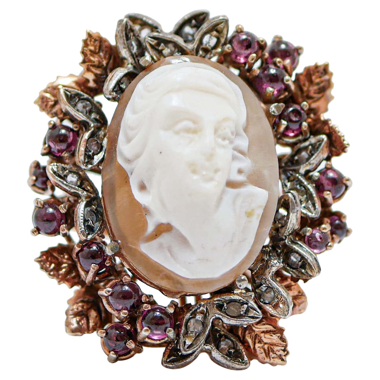 Cameo, Diamonds, Garnets, Rose Gold and Silver Ring. For Sale