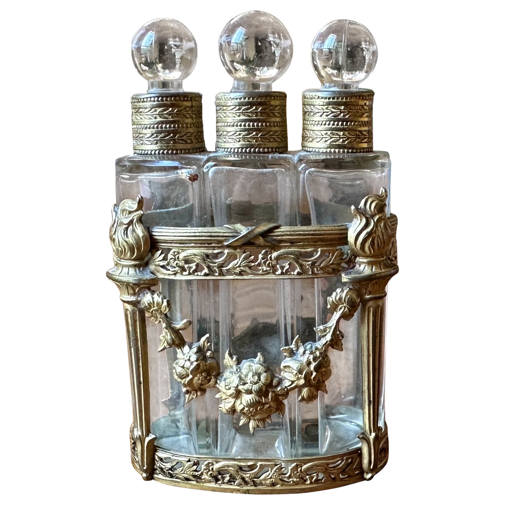 Antique French Bronze Doré Mounted Ormolu Perfume Bottle Caddy Set For Sale