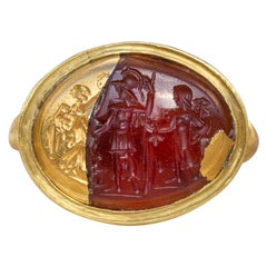 Antique Scarce Ancient Roman Carnelian Intaglio of NIKE and Warriors in 21k Gold Signet