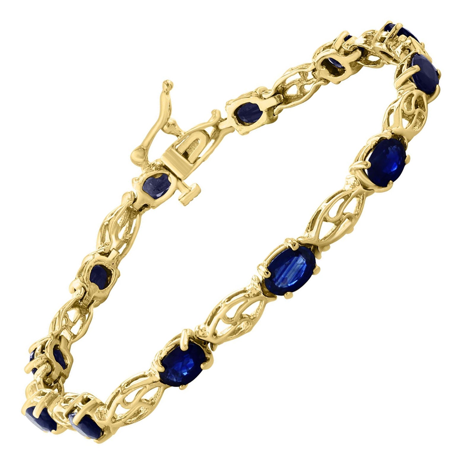 8Ct Natural Oval Blue Sapphire Tennis Bracelet 14 Karat Yellow Gold, 7 Inch Long For Sale