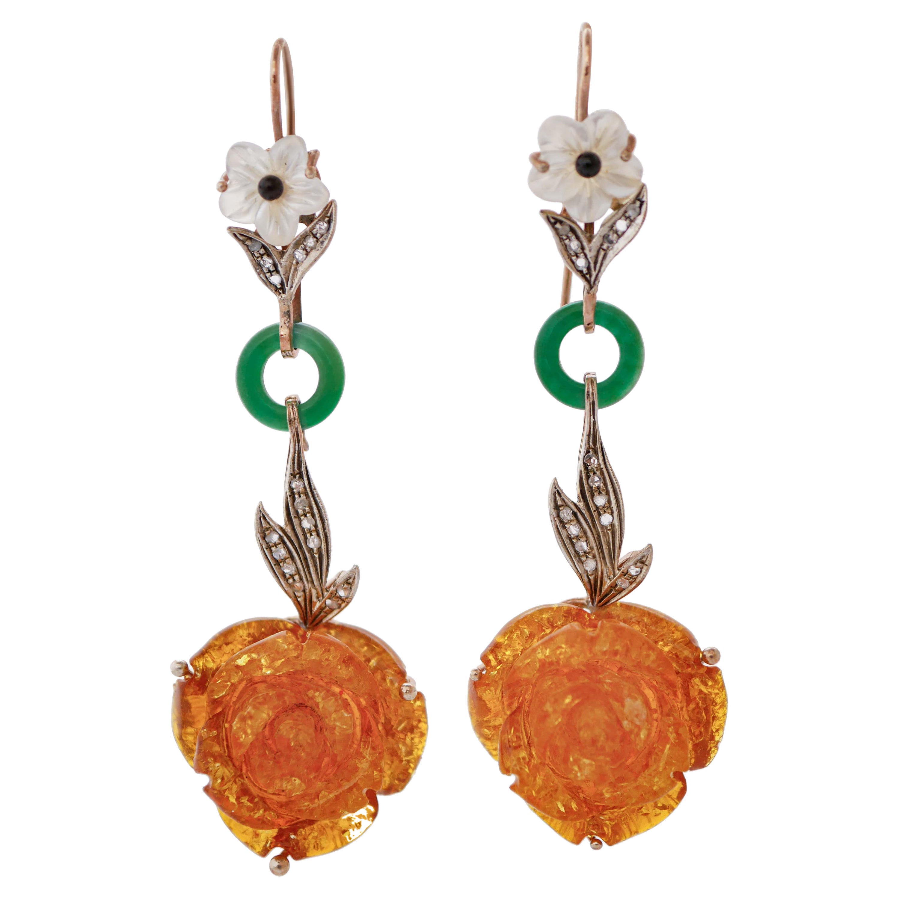 Jade, Amber, White Stones, Diamonds, Rose Gold and Silver Earrings. For Sale
