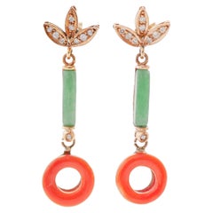 Retro Coral, Jade, Diamonds, Rose Gold and Silver Dangle Earrings.