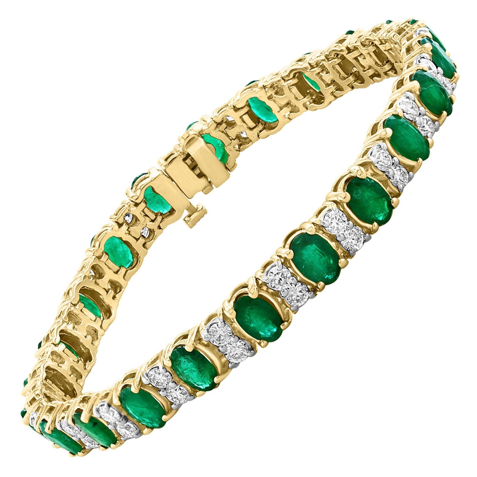 12 Carat Natural Emerald & 2.8 Carat Diamond Tennis Bracelet 14 Kt Yellow Gold For Sale