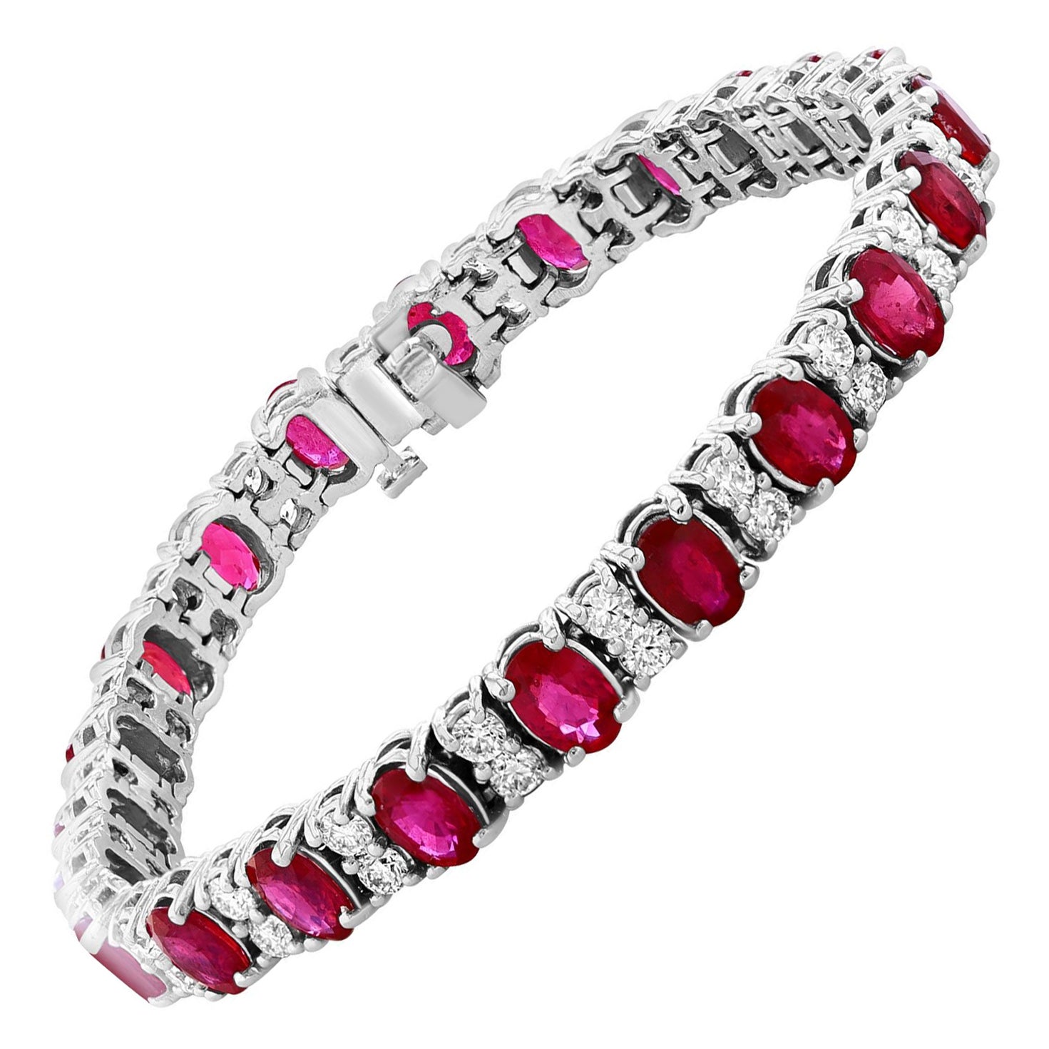 12 Carat Treated Ruby & 2.8 Carat Diamond Tennis Bracelet 14 Kt Yellow Gold For Sale