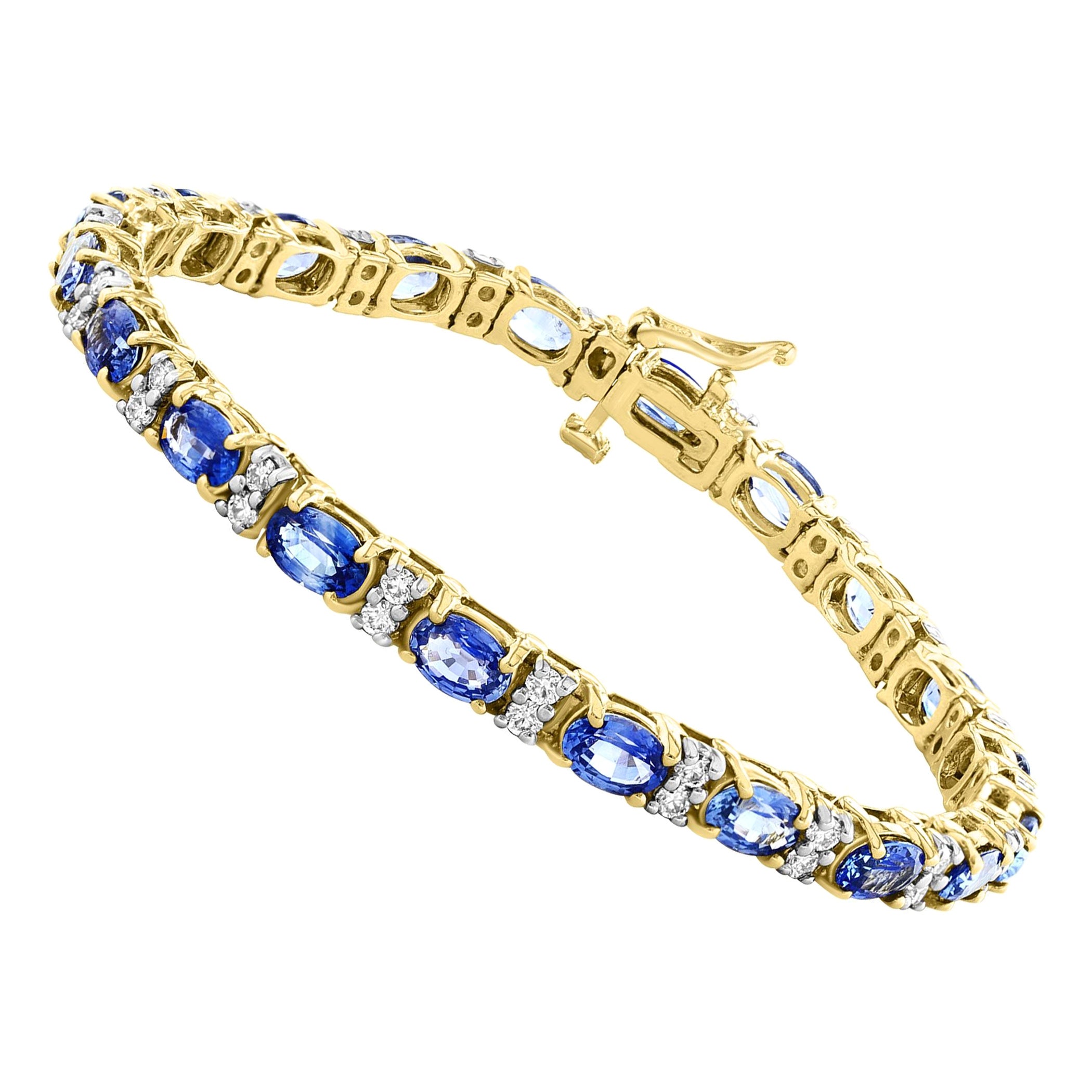 Bracelet tennis en or jaune 14 carats avec saphirs naturels et diamants de 12 carats