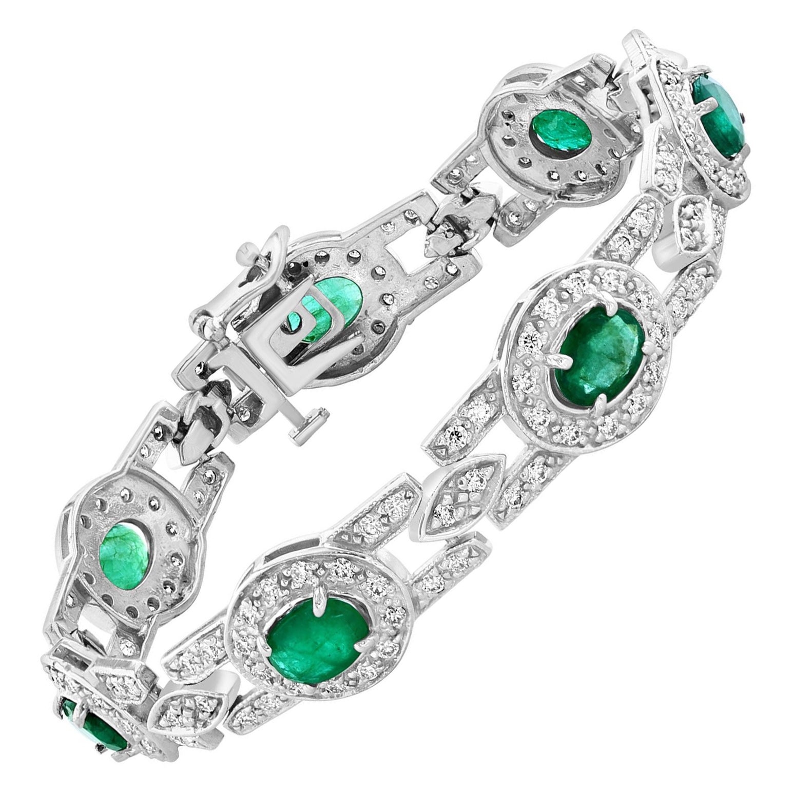 7 Carat Natural Brazilian Emerald & Diamond Link Tennis Bracelet 14 Karat Gold