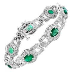 7 Carat Natural Brazilian Emerald & Diamond Link Tennis Bracelet 14 Karat Gold