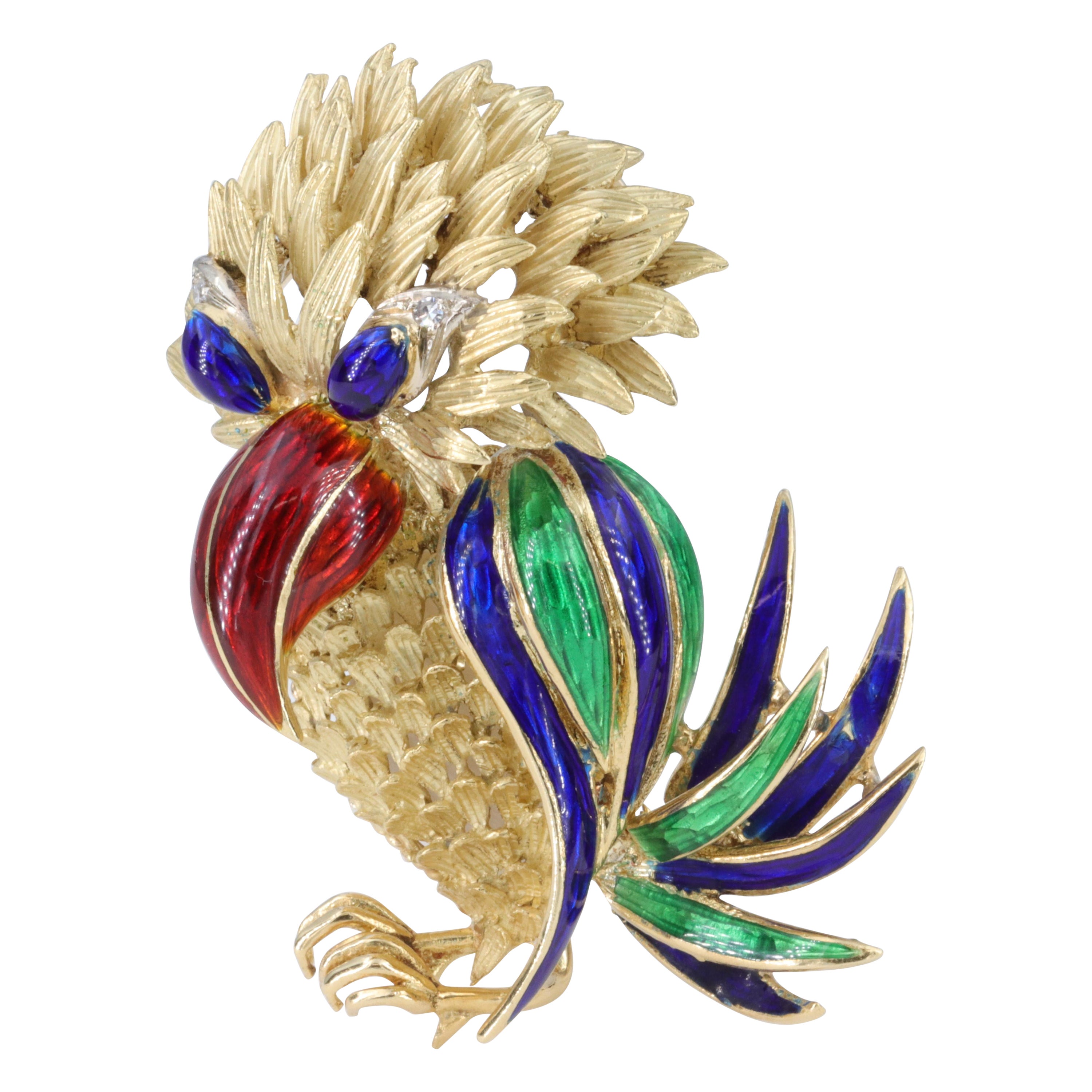 Parrot Bird Pendant in 18 Karat Yellow Gold, Diamonds and Blue & Green Enamel For Sale