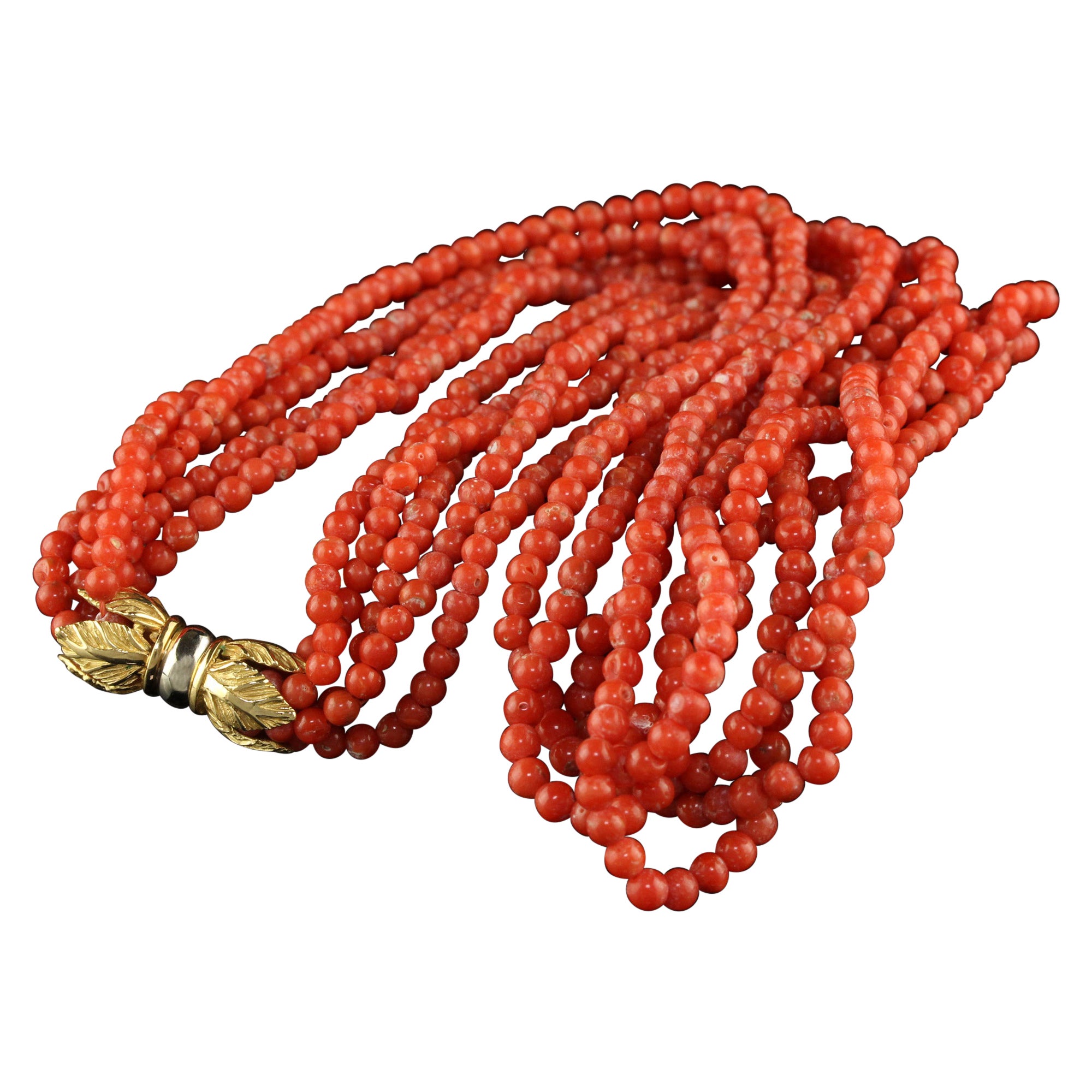 Vintage Italian 18k Yellow Gold Natural Coral Five Strand Necklace