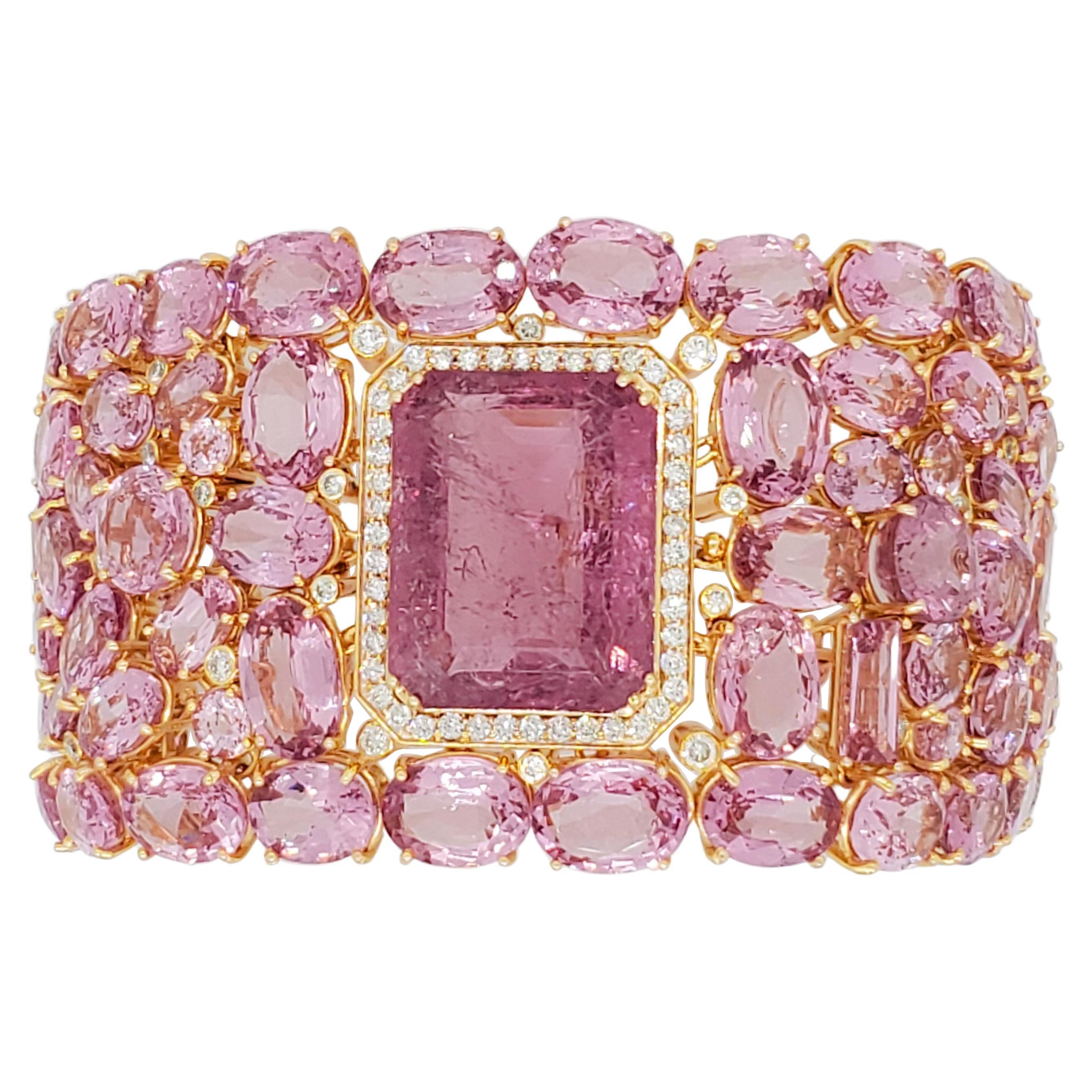 Pink Spinel Emerald Cut, Mixed Cut Spinel and Diamond Cluster Bracelet in 18k For Sale