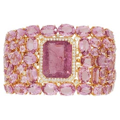 Pink Spinel Emerald Cut, Mixed Cut Spinel and Diamond Cluster Bracelet in 18k