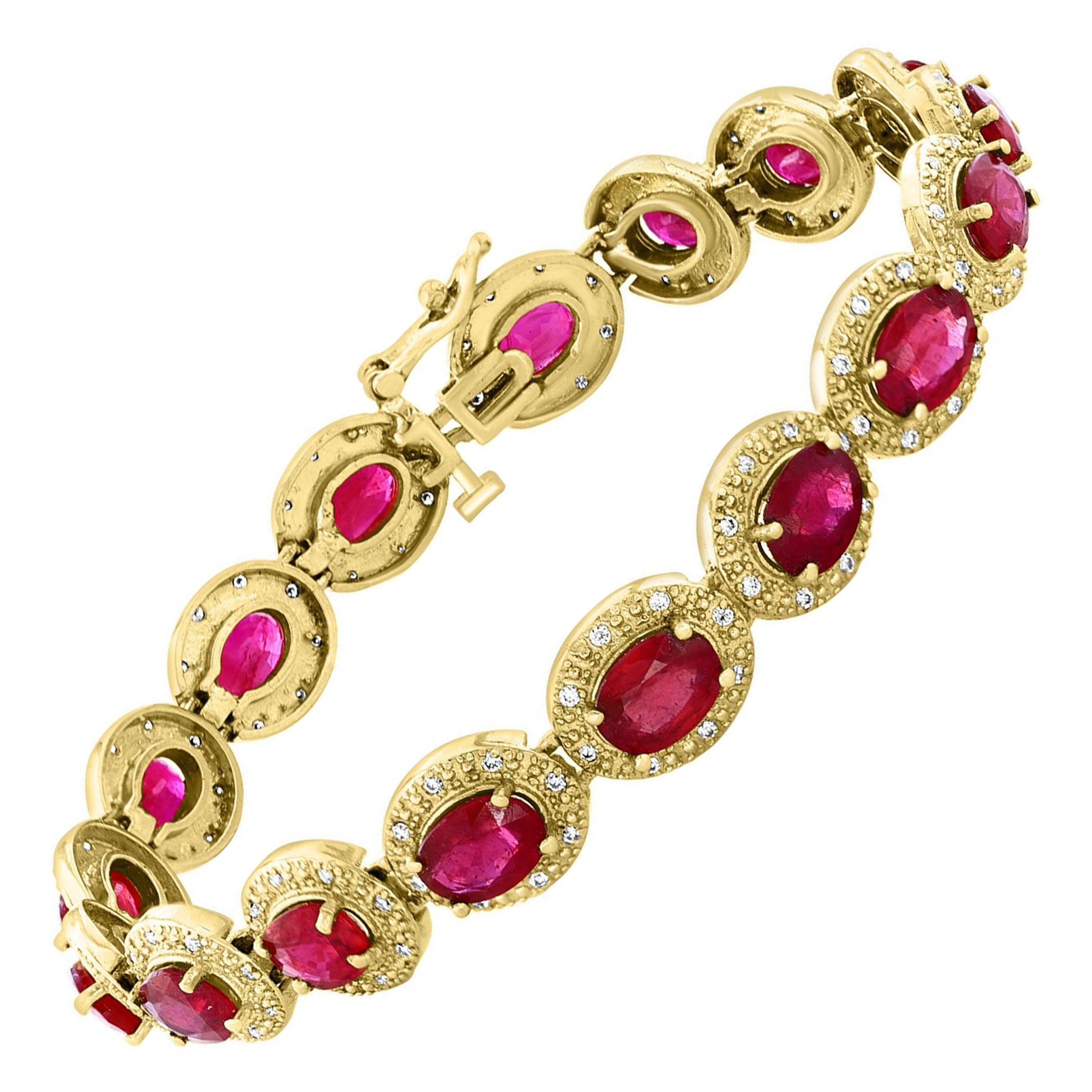 17 Carat Ruby & 1 Carat Diamond Affordable Tennis Bracelet 14 Karat Yellow Gold For Sale