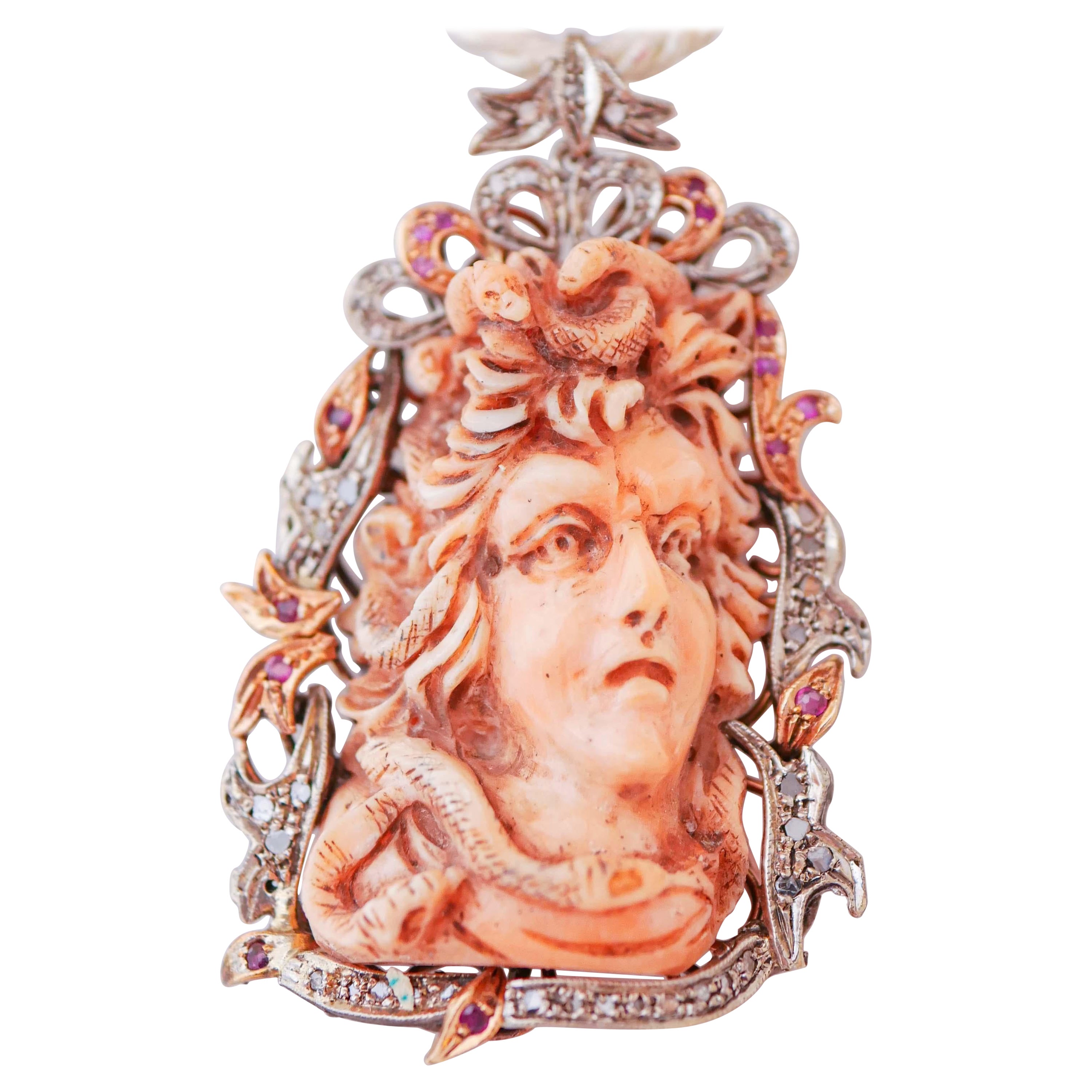 Coral, Diamonds, Rubies, Rose Gold and Silver Brooch /Pendant. For Sale