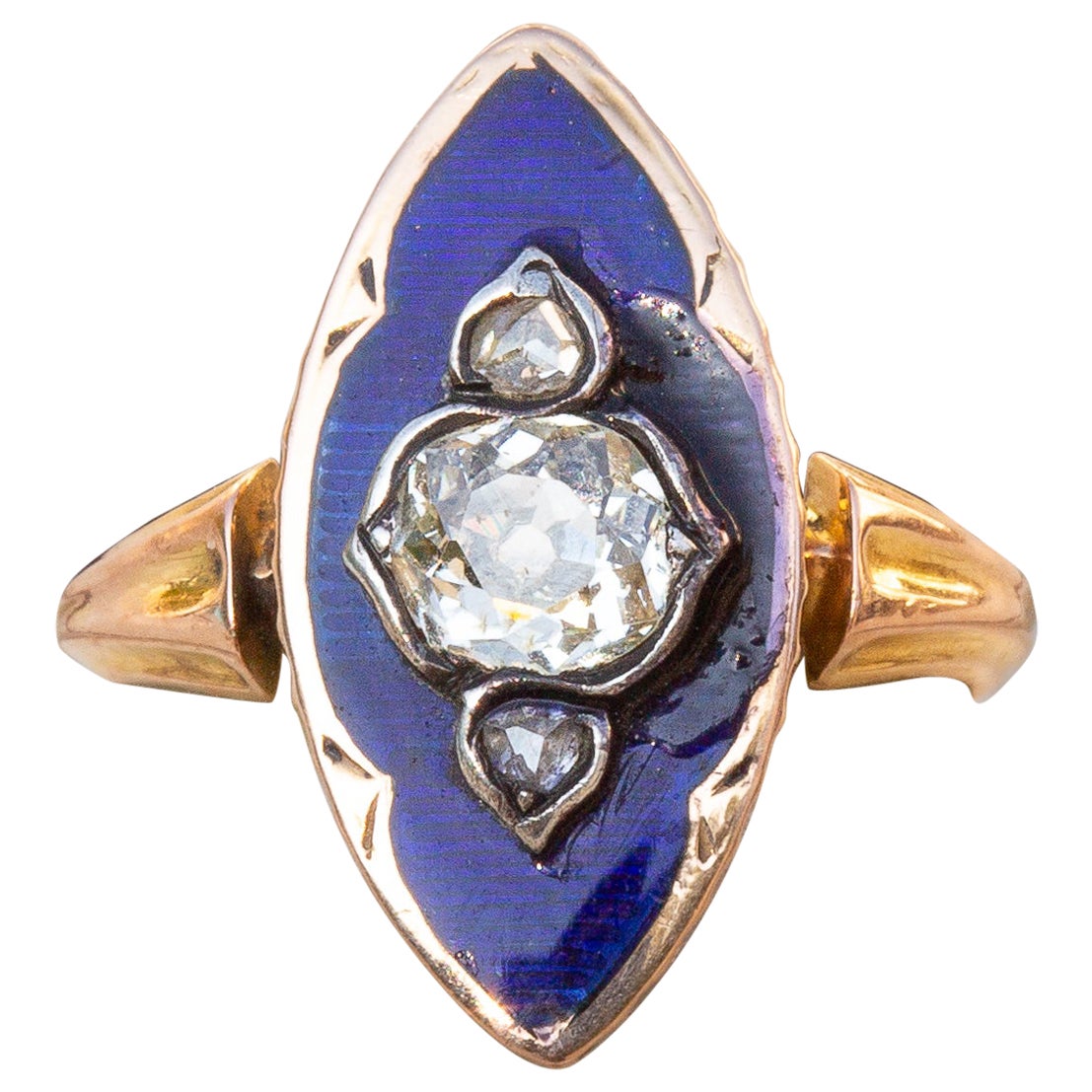Bague française ancienne de la Belle Époque en or 18 carats avec diamant et émail bleu Navette