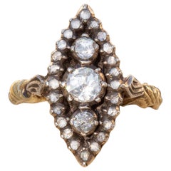 Antique Dutch Rose Cut Diamond 14K Gold Navette Marquise Cluster Ring 