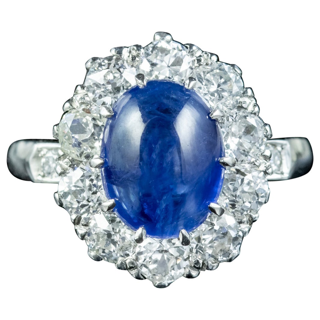 Victorian Style Blue Sapphire Diamond Cluster Ring 4.12ct Cabochon With Cert For Sale