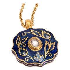 22K Gold Rose Cut Diamond Blue Floral Enamel Pendant Necklace Handmade by Agaro