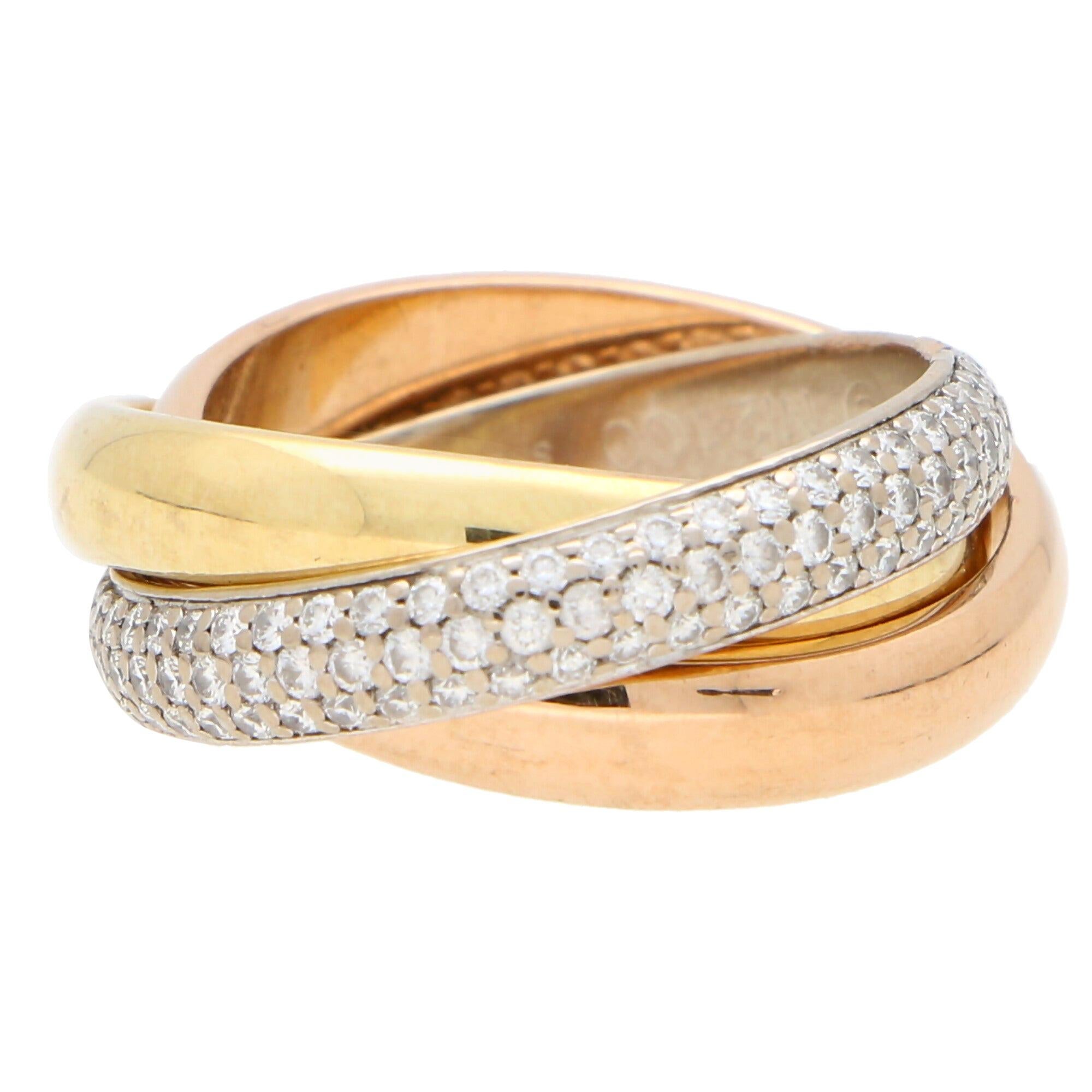 Vintage Cartier Diamond Trinity Ring Set in 18k Tri-Gold, Size 52
