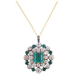 Emerald Diamond Silver Over Gold Cluster Pendant