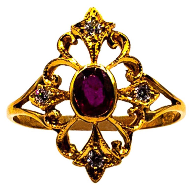 Art Deco Style Ruby White Brilliant Cut Diamond Yellow Gold Cocktail Ring For Sale