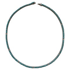 Natural Fine Turquoise Diamond and White Gold Tennis Necklace 