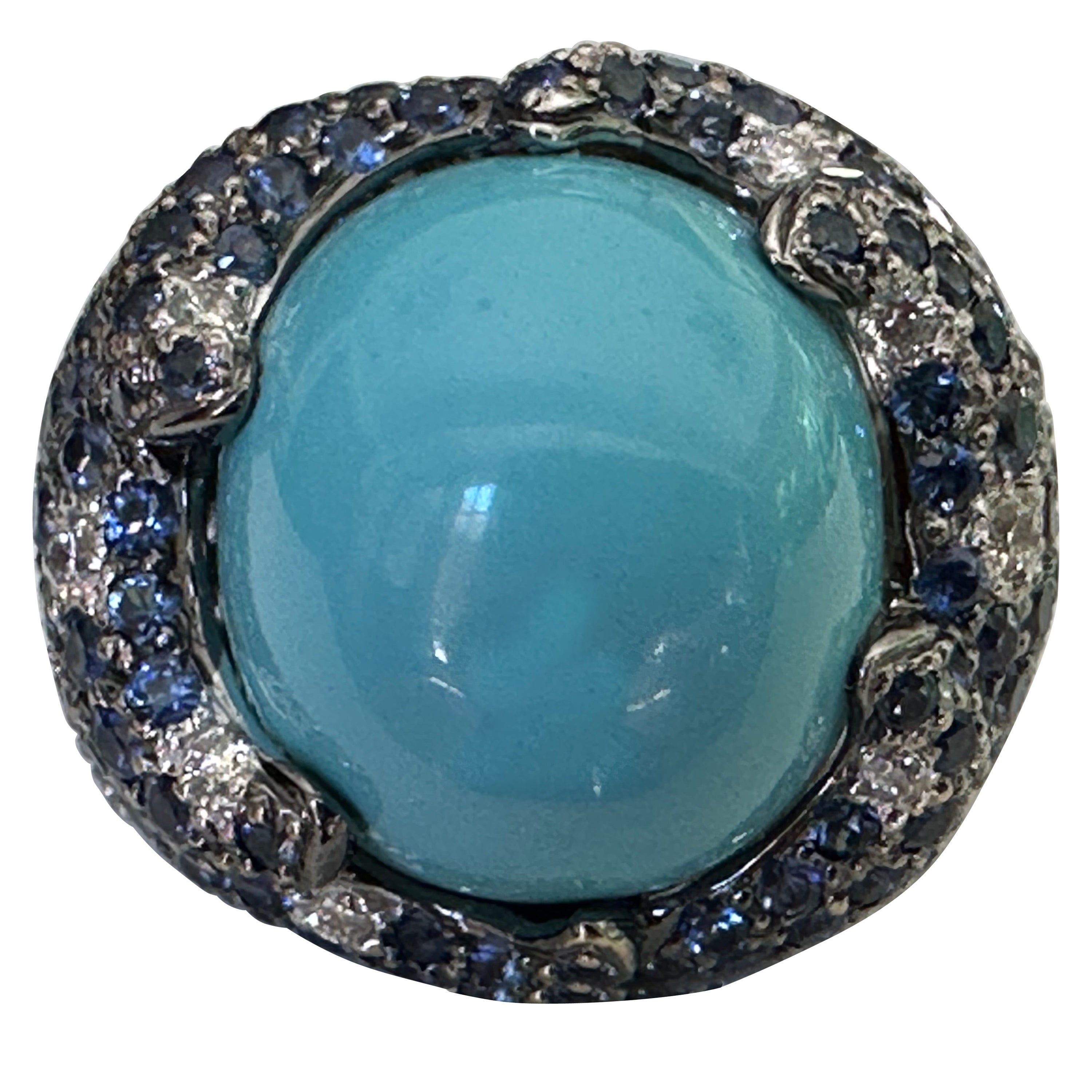 Estate Turquoise Blue Sapphire and Diamond Dome Cocktail Ring 