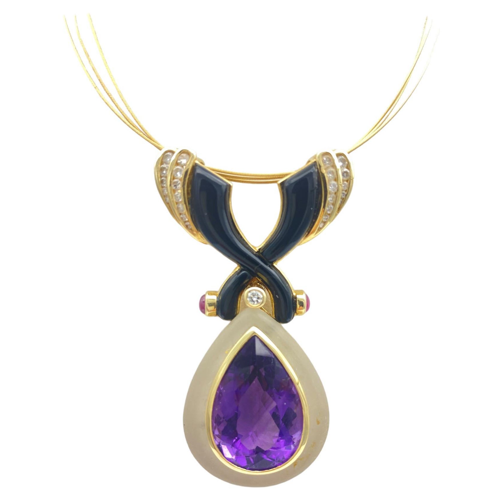 14k Art Deco Black Onyx & Amethyst 13.82ctw Pendant For Sale