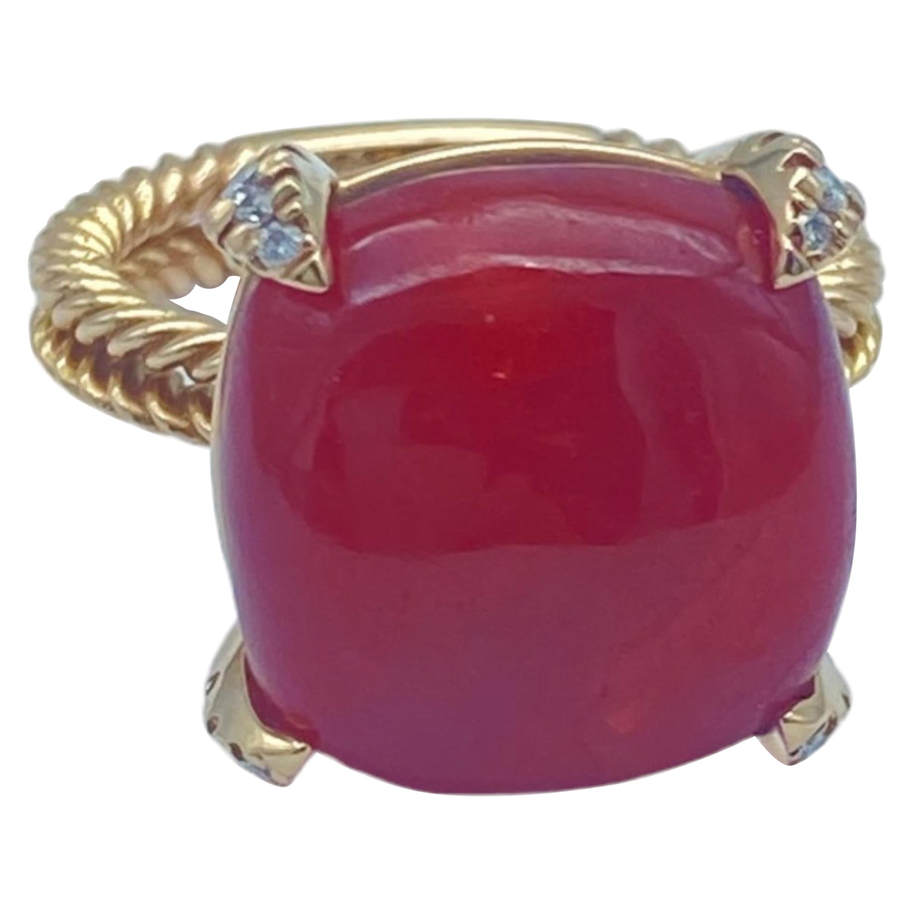14K Red Coral Sugarloaf & Diamond Pink Gold Ring  For Sale
