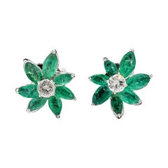 0.85ct Natural Diamond And Emeralds Flower Stud Earrings, 14k White Gold