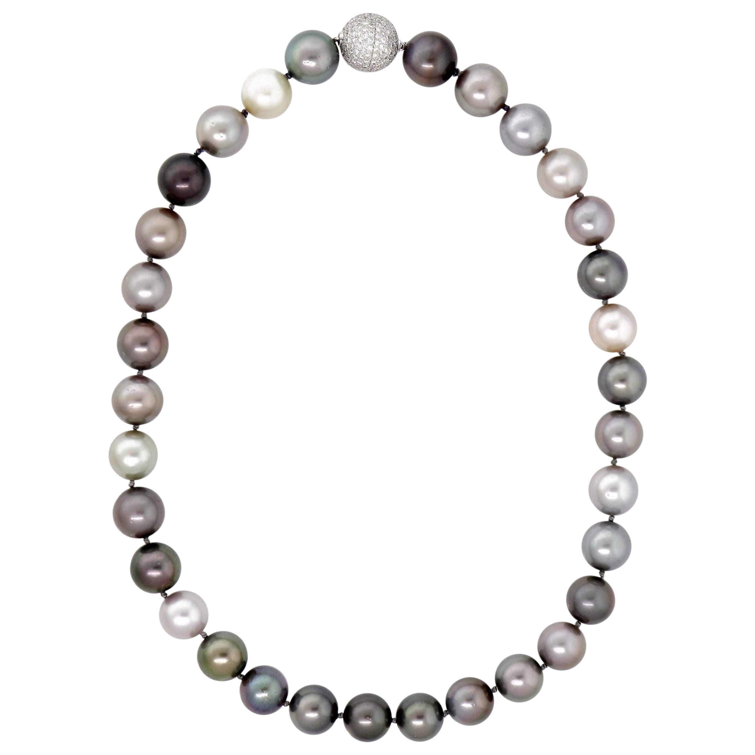 Tahitian Pearl Necklace in with an 18k White Gold/ Diamond Clasp For Sale