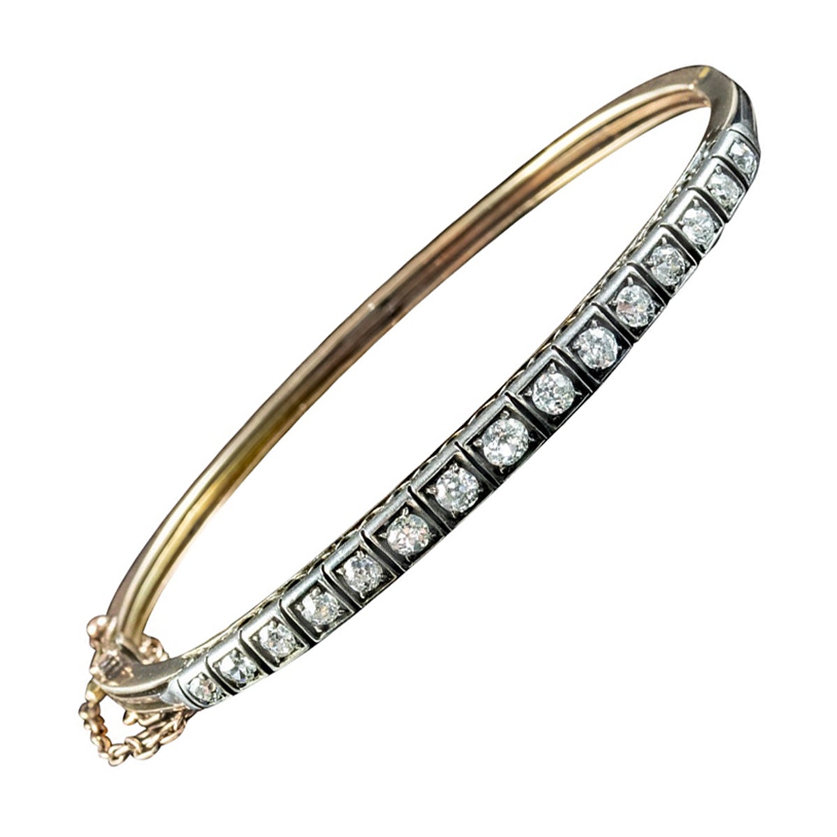 Bracelet jonc victorien ancien en argent, or 18 carats et diamants 1,3 carat