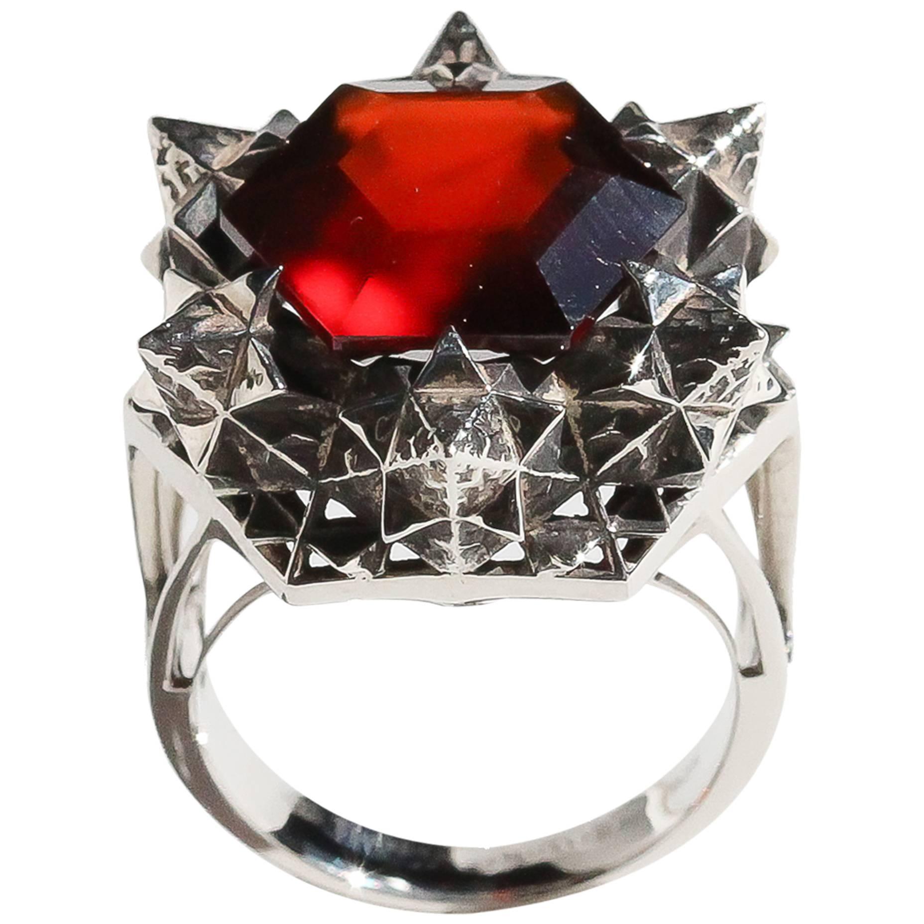 Thoscene Hessonite Garnet Silver Statement Ring