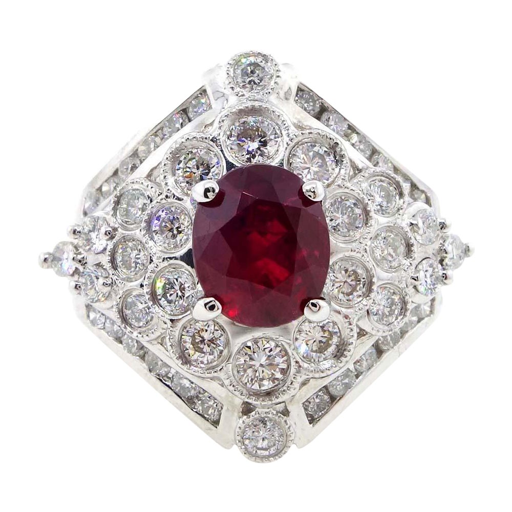 GIA Certified 1.54 Carat Ruby and Diamond Ring in 18k White Gold For Sale