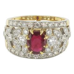 French Ruby Diamond Gold Platinum Band Ring 9