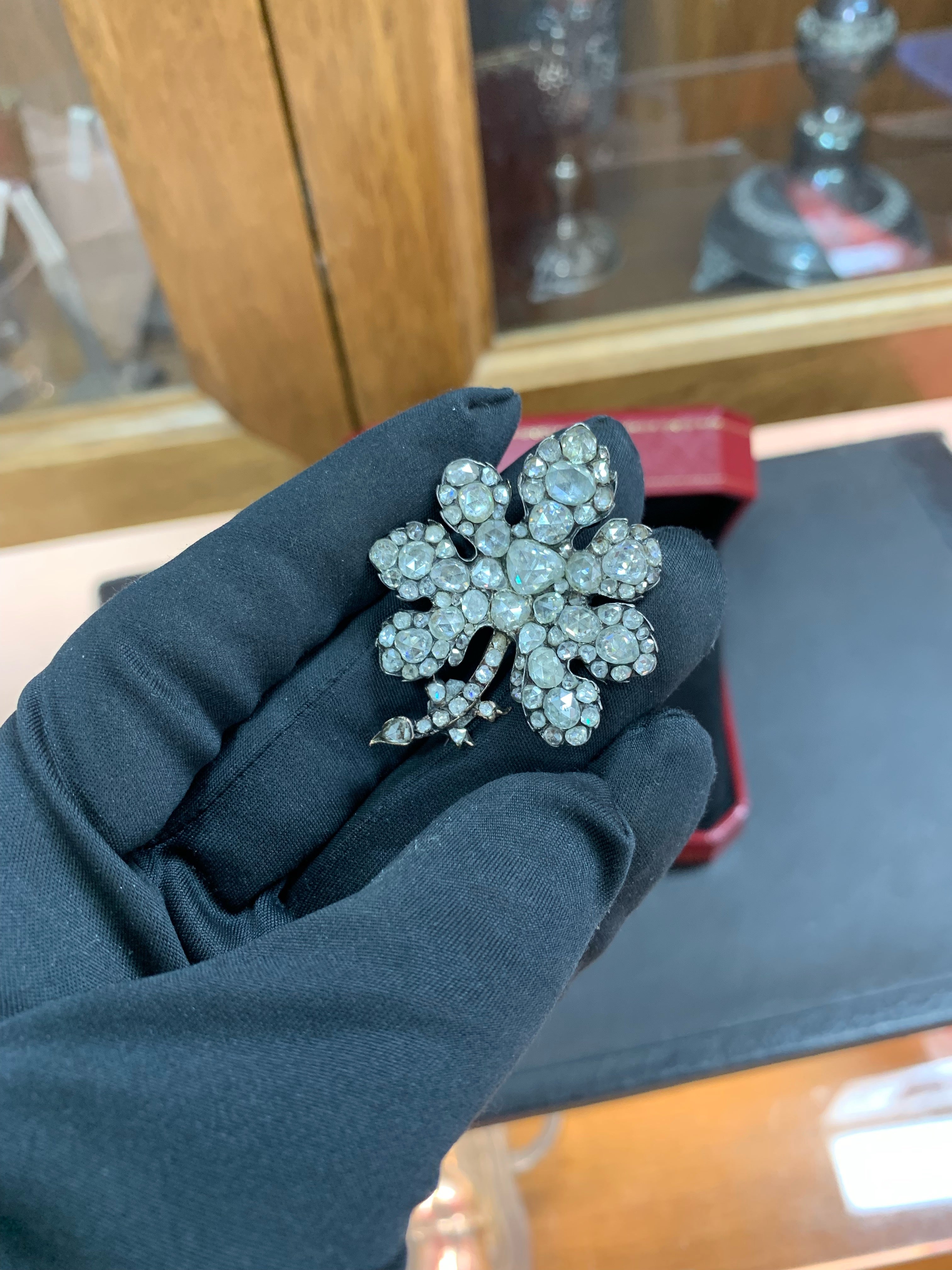 Antique Rose Cut Diamond Flower Brooch For Sale