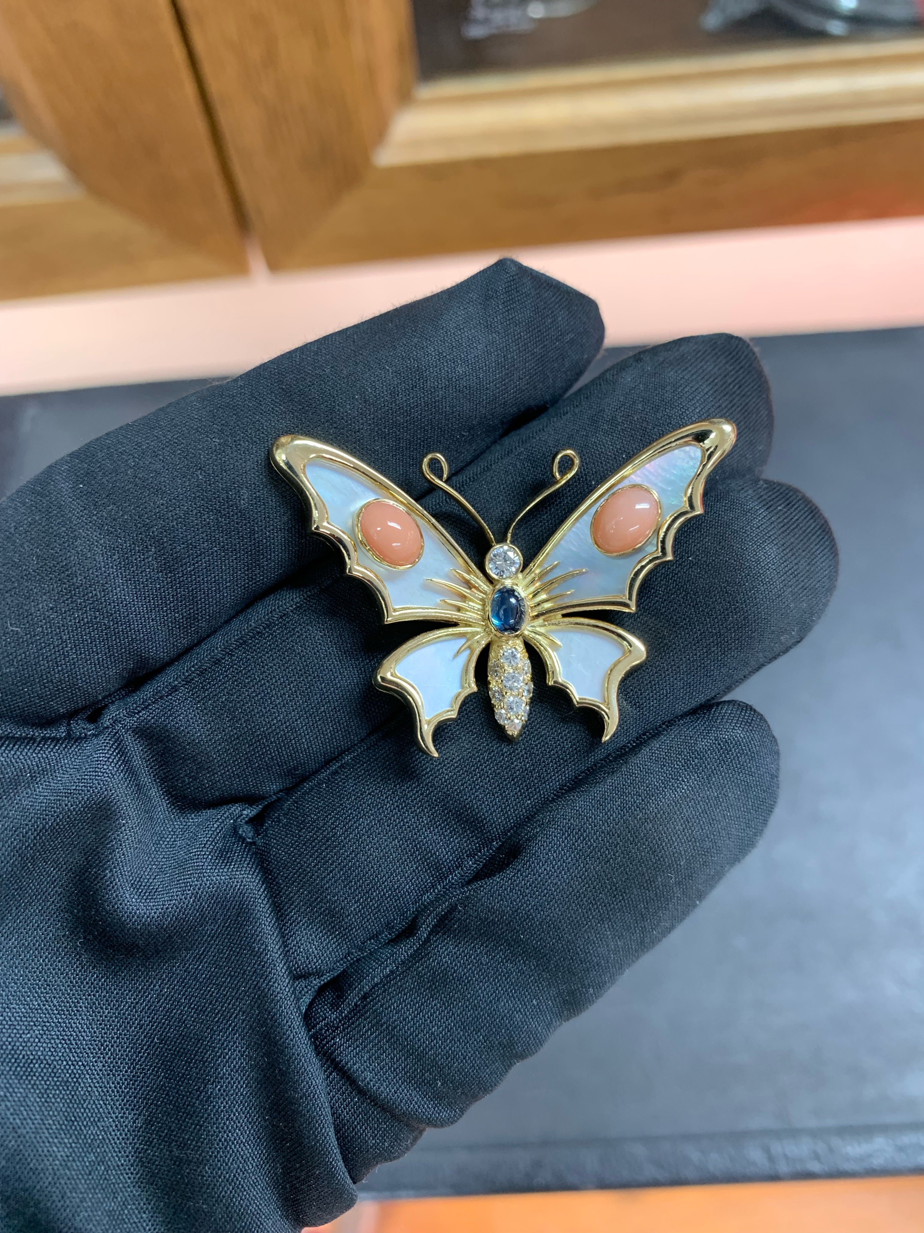 Vintage 18k Gold Mother Of Pearl, Coral, Sapphire & Diamond Butterfly Pendant  For Sale