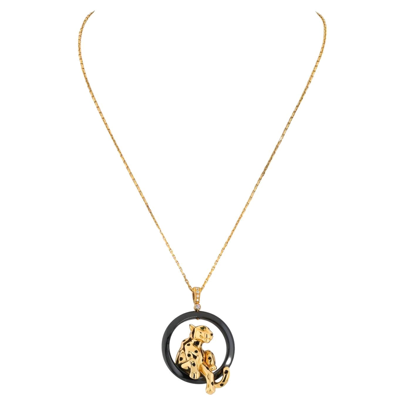 Cartier 18K Yellow Gold Panthere On A Black Ceramic Chain Necklace