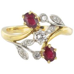French Floral Ruby Diamond Gold Platinum Ring