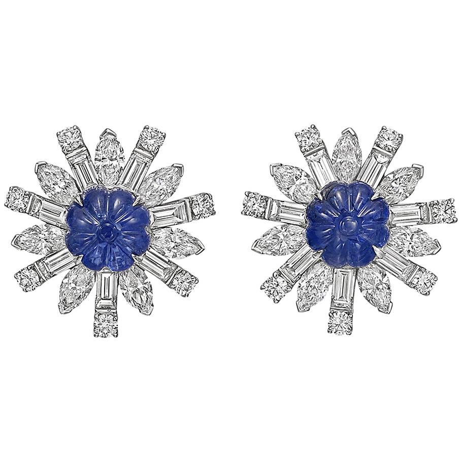 Raymond C. Yard Carved Sapphire Diamond Platinum "Sunburst" Earrings