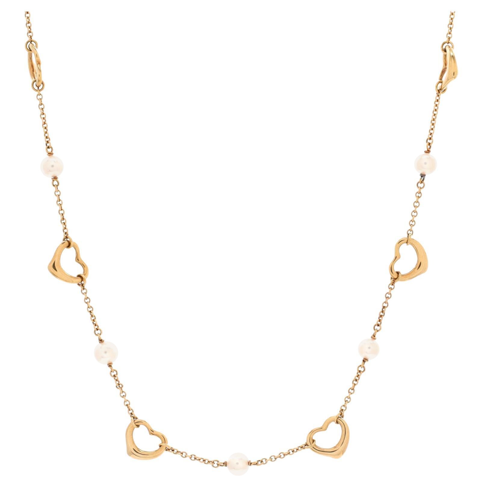 Tiffany & Co. Elsa Peretti Open Heart Station Necklace 18K Yellow Gold and Pearl