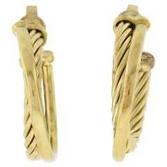 David Yurman 18k Yellow Gold Cable & Polished Tubes Round Hoop Earrings