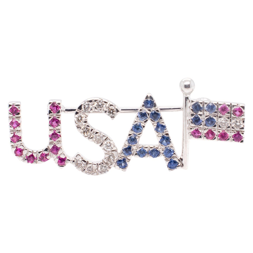 Patriotic 18k White Gold, Diamond, and Spinel USA Flag Brooch or Pin For Sale