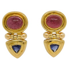Estate David Yurman Pink Tourmaline and Tanzanite Earrings in 14K Yellow Gold