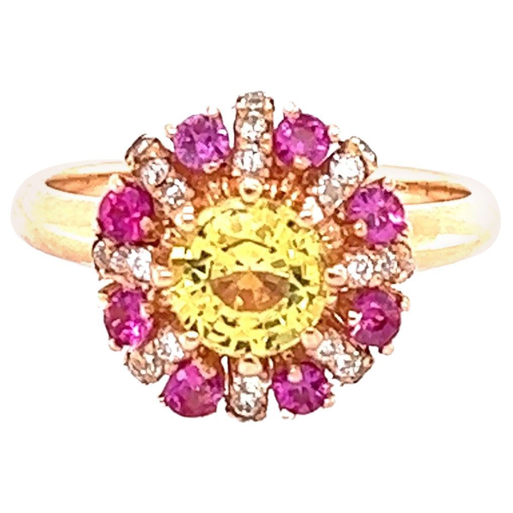 1.71 Carat Yellow Sapphire Pink Sapphire Diamond Rose Gold Ring For Sale