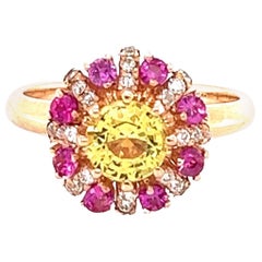 Bague en or rose avec saphir jaune, saphir rose et diamant de 1,71 carat