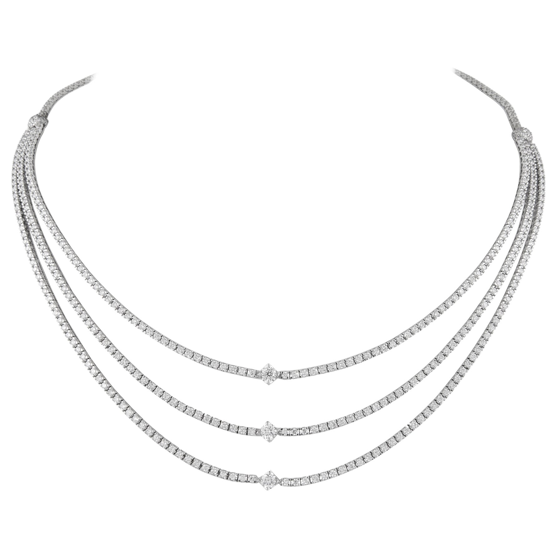Alexander 9.02 Carat Diamond 18k White Gold 3-Row Tennis Necklace For Sale