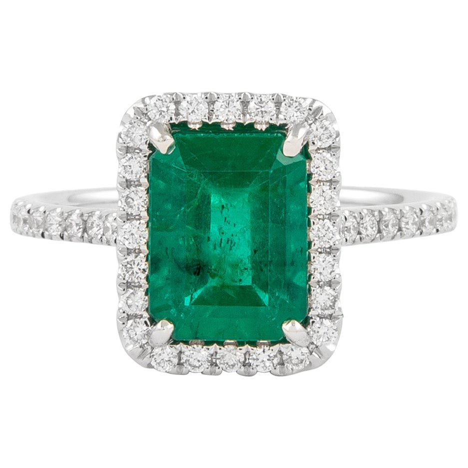 GIA 1.81 carat Emerald and Diamond Halo Ring 18k White Gold For Sale