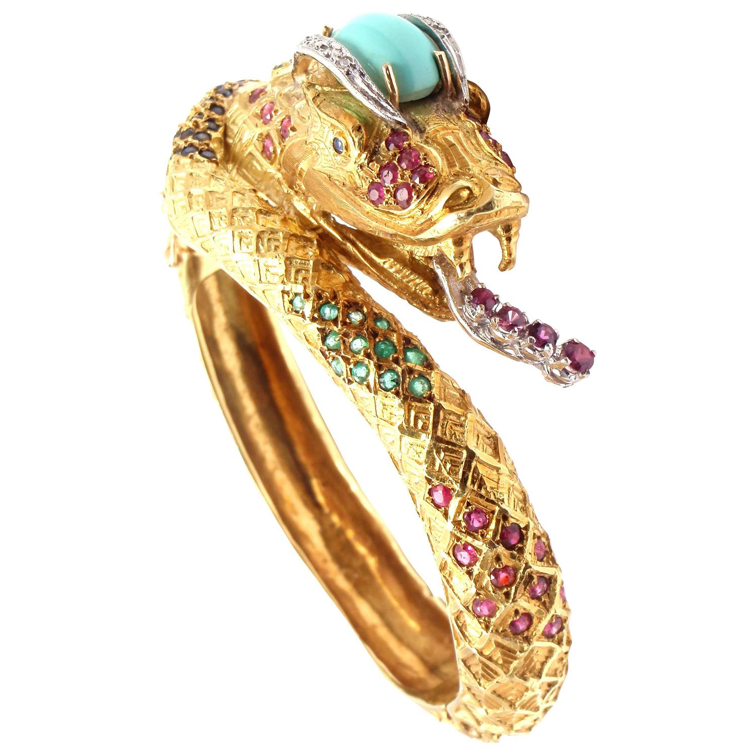 Turquoise Emerald Diamond Ruby Gold Dragon Snake Bangle Bracelet For