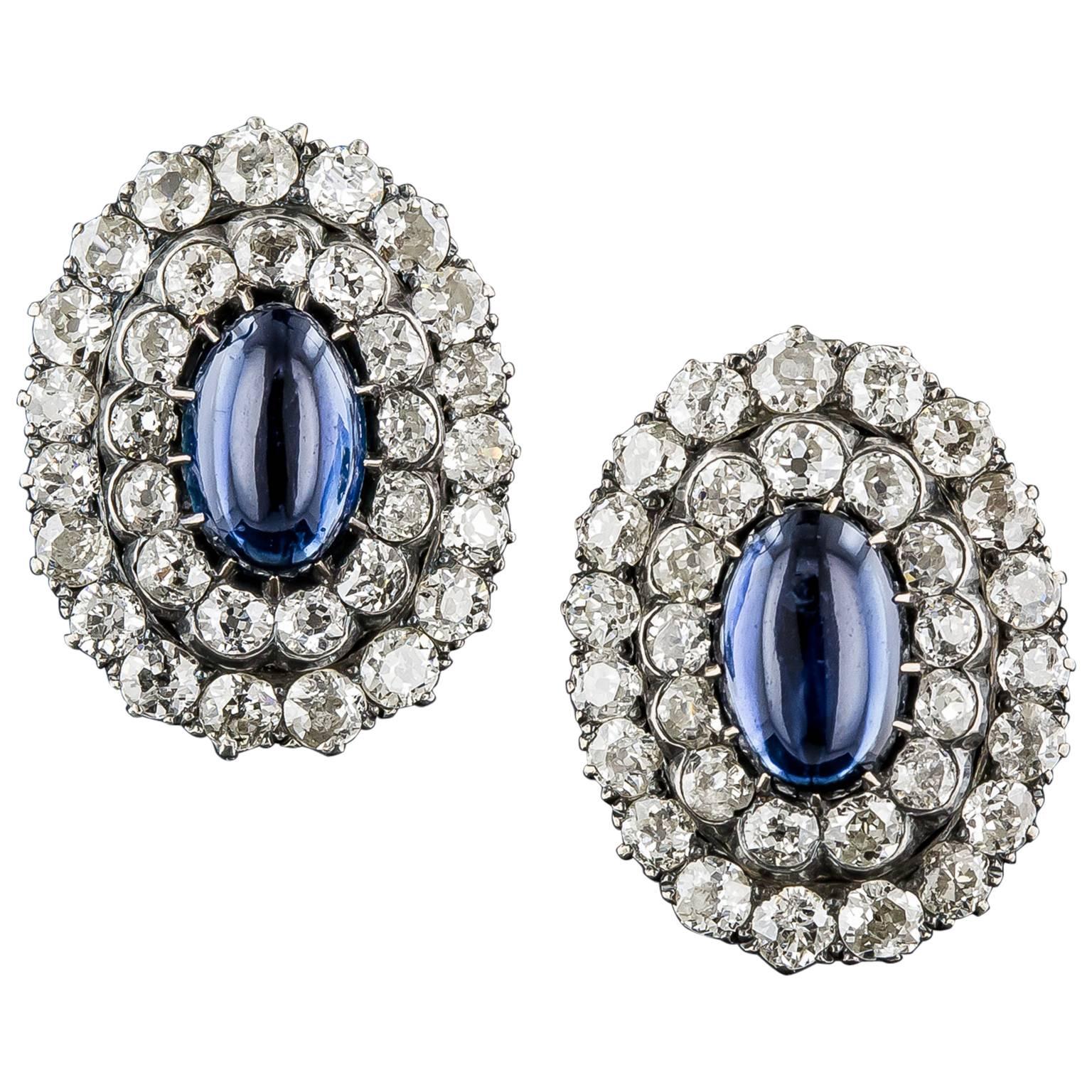 1890s Antique Cabochon Sapphire Diamond Earrings For Sale