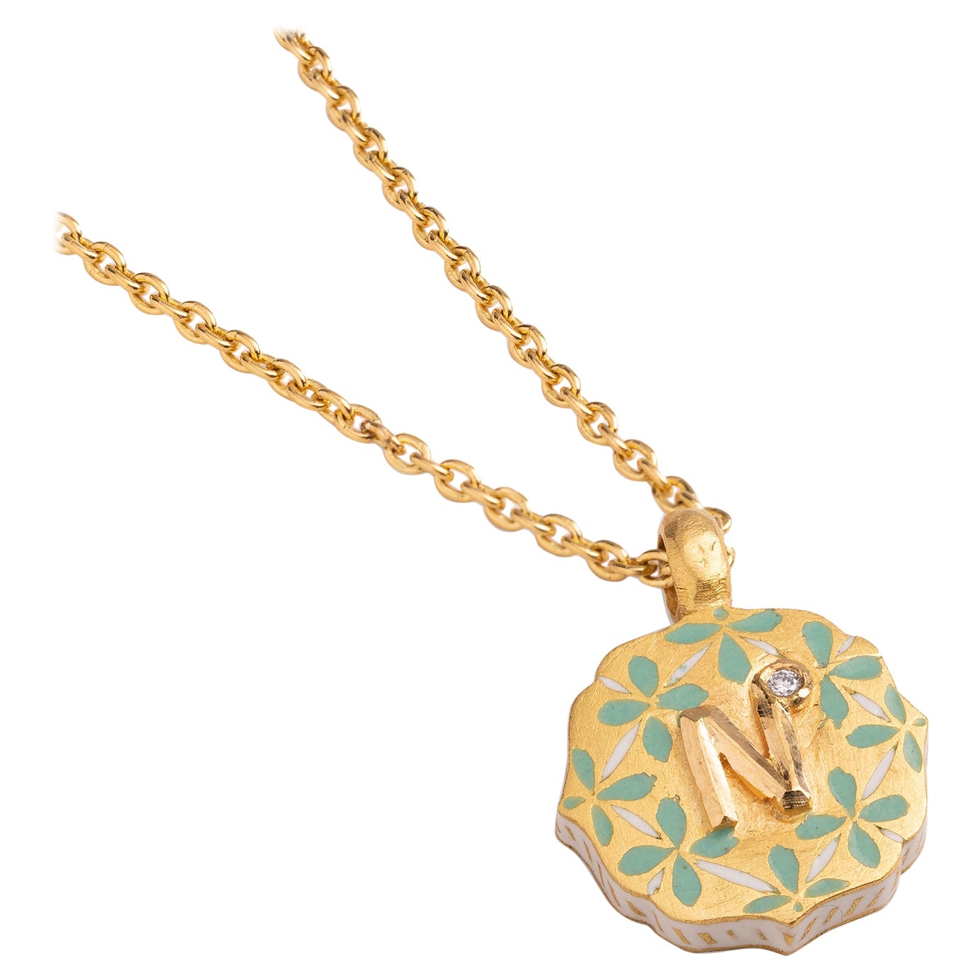 22K Gold Initial 'N' Floral Enamel Reversible Pendant Necklace Handmade by Agaro